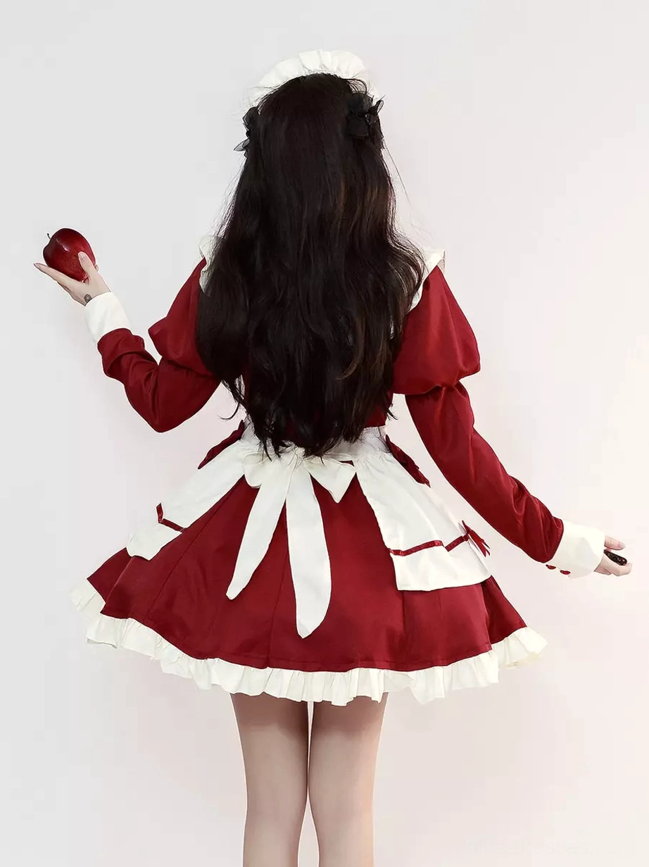 Maid lolita dress full ensemble showing complete styling with oversleeves apron and bow components