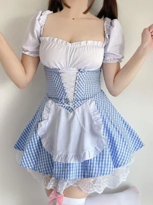Sweet maid lolita dress detail showing square sweetheart neckline, lace-up corset waist detail and frilled lace underskirt close-up view