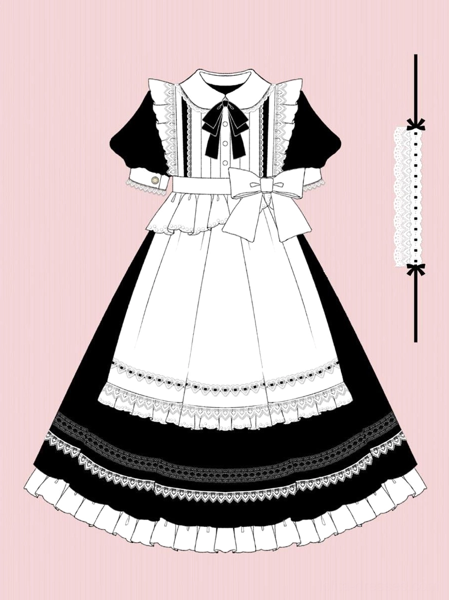 Maid lolita dress design sketch flat front view pink background detailed trim notes bow ruffle specifications black-white style