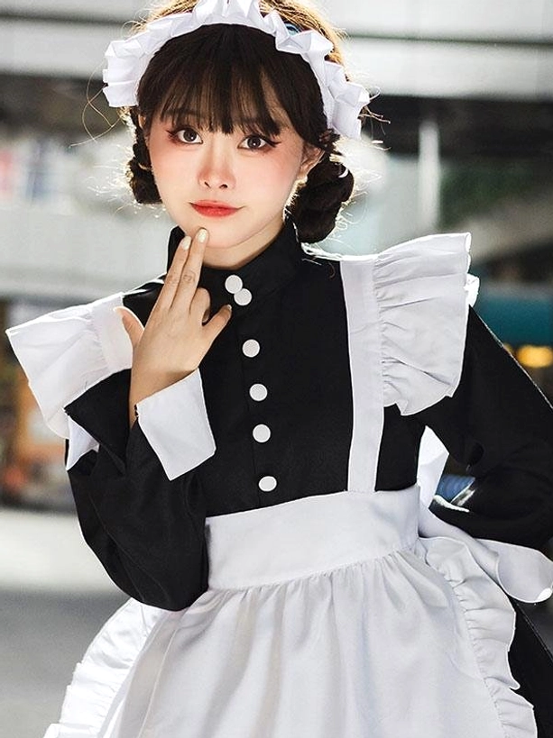 Detailed front view of maid lolita dress showing button row, wide white sleeve cuffs with frills, frilled headwear accessory, and refined styling