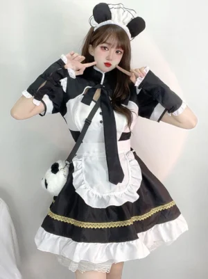Maid lolita cosplay outfit with panda crossbody bag fingerless gloves and neck bow tie - complete ensemble styling