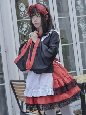 Kimono maid lolita costume three-quarter side view showing black long sleeves with red edges, white apron, layered ruffled skirt with black lace details, and red hair accessory at coffee shop location