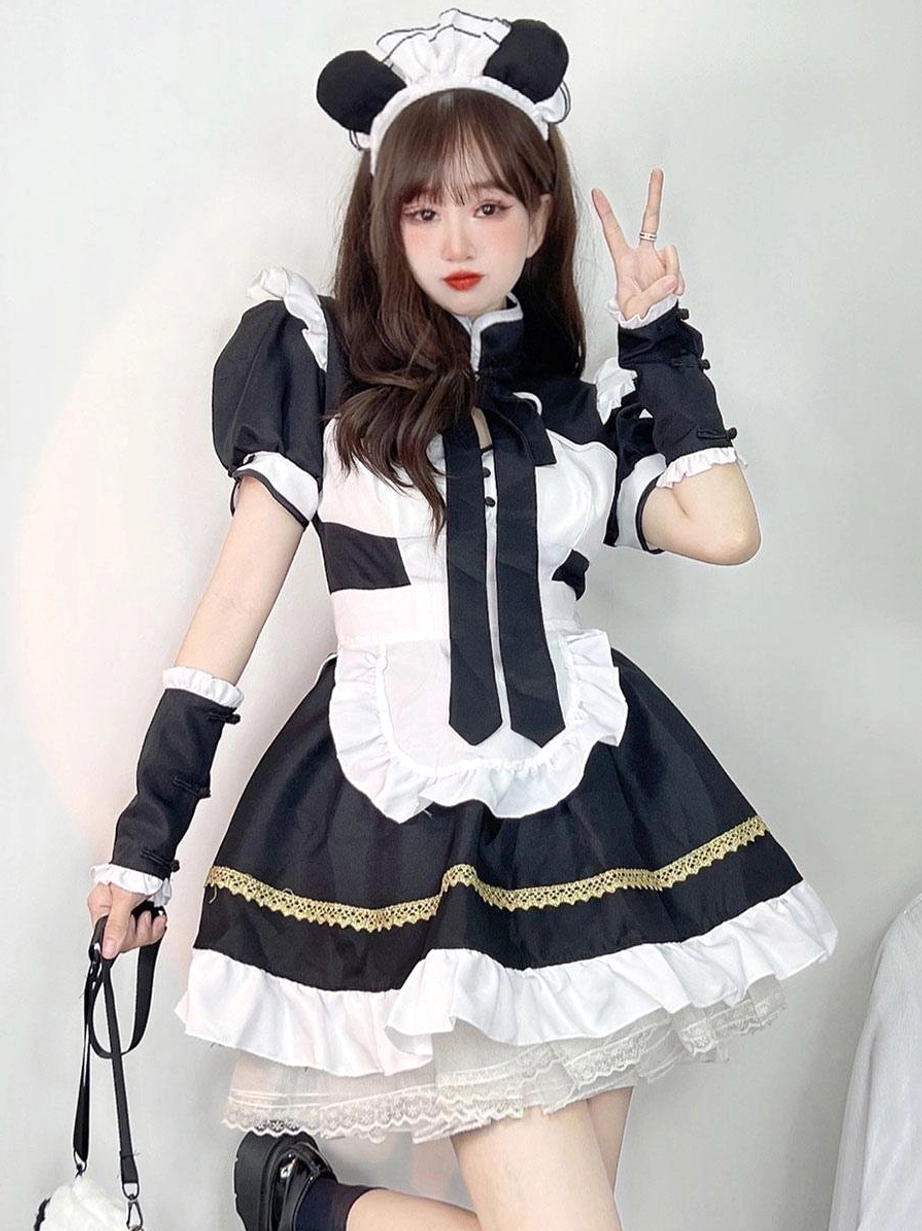 Sweet lolita maid dress with lace underlayer skirt mini handbag - three-quarter front view cosplay outfit