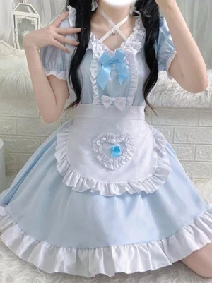 Maid lolita dress light blue color direct front view showing cross strap neckline blue bow heart apron white frilled hem