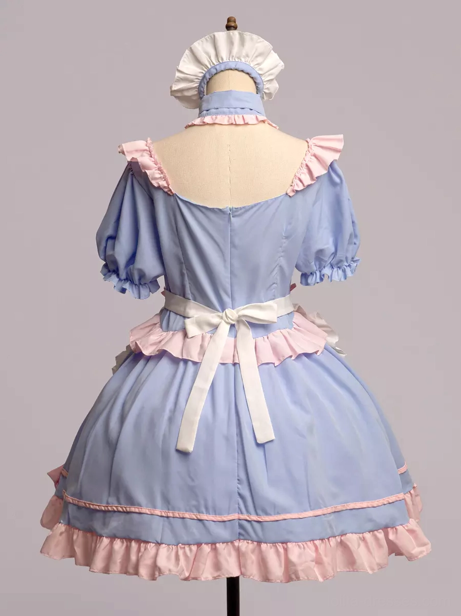 Overhead back view of maid Lolita dress with white headpiece showing pink ruffled shoulder trims