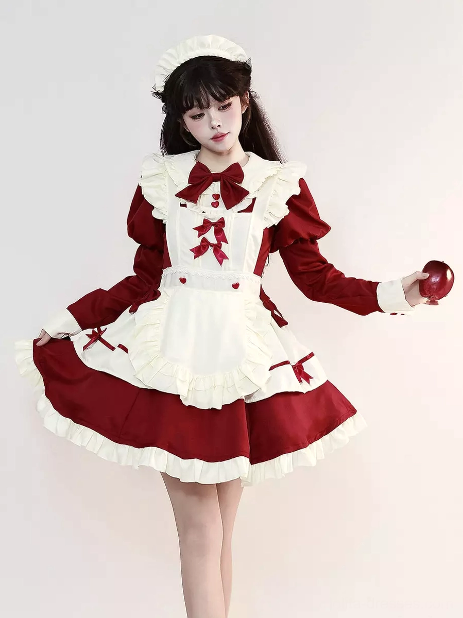 Maid lolita dress oversleeves and bow component displaying modular customization options