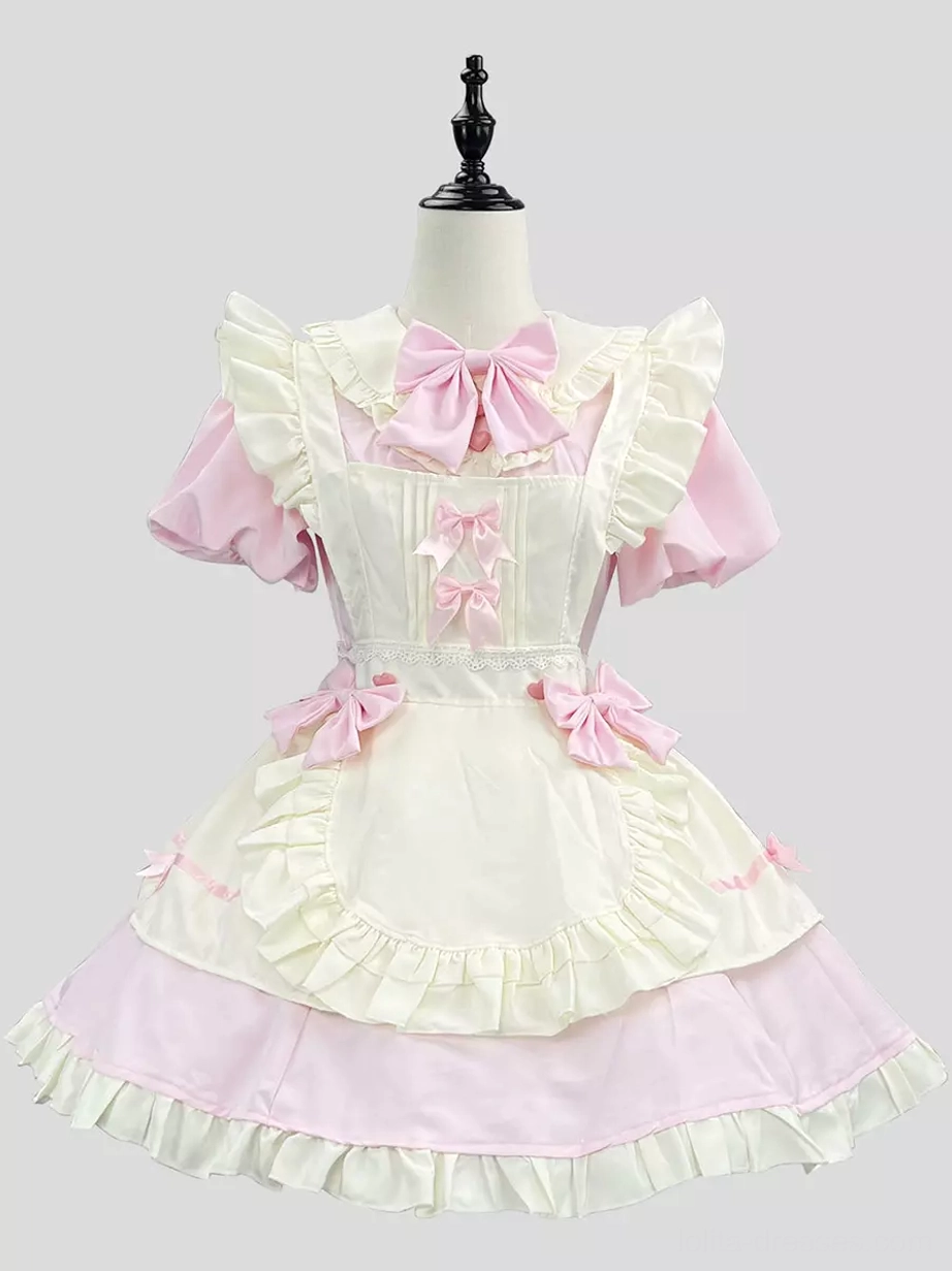 Pink and white maid lolita dress on mannequin front display with puff short sleeves and multiple pink bows