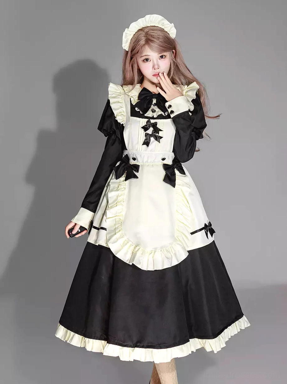 Maid lolita dress styling detail showing puff sleeve construction and ruffle embellishment quality