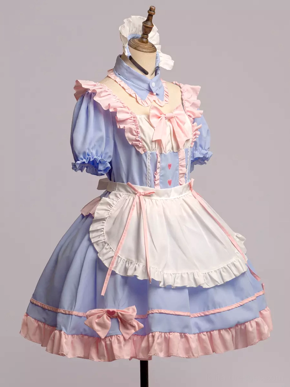 Maid Lolita dress with headpiece and apron showing puff sleeves and ruffled waist apron
