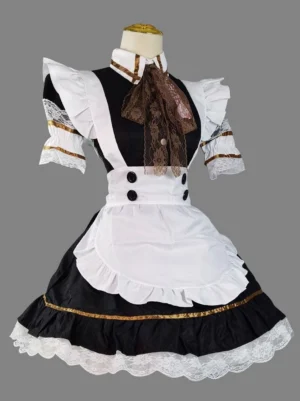 Left front oblique angle of maid lolita dress showing short sleeve details, lace embellishments, and structured silhouette from side perspective