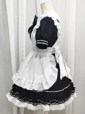 Side view of maid lolita dress showing striped sleeve trim ruffled apron collar and cross back straps