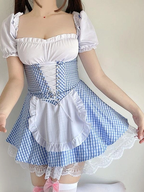 Side view of maid lolita one-piece dress showing flared gingham skirt lace-trimmed underskirt and structured lace-up corset waist design