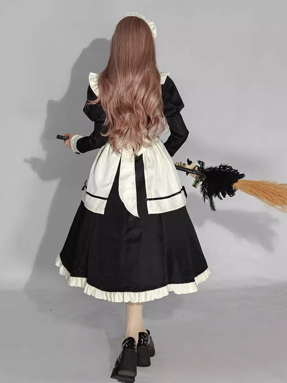 Alternative angle of maid lolita dress showing skirt length proportions and hem ruffle detail