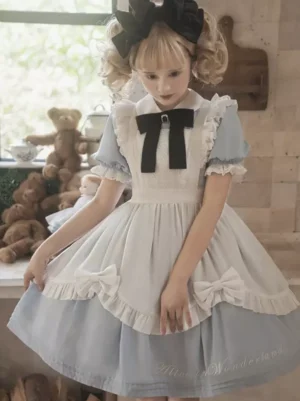 Maid style sweet lolita one piece dress blue white ruffle apron front medium shot embroidered details