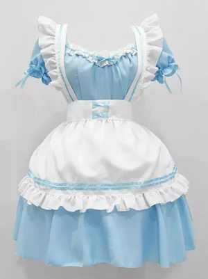 Maid lolita dress front top view showing square neckline, layered ruffled apron, and blue ribbon accents on white background for lolita fashion