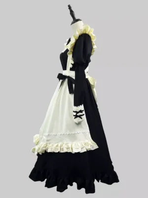 Maid style lolita maxi dress side-front angle showing crisscross back straps, layered ruffled hem details, decorative cuffs on long sleeves, and architectural back design elements