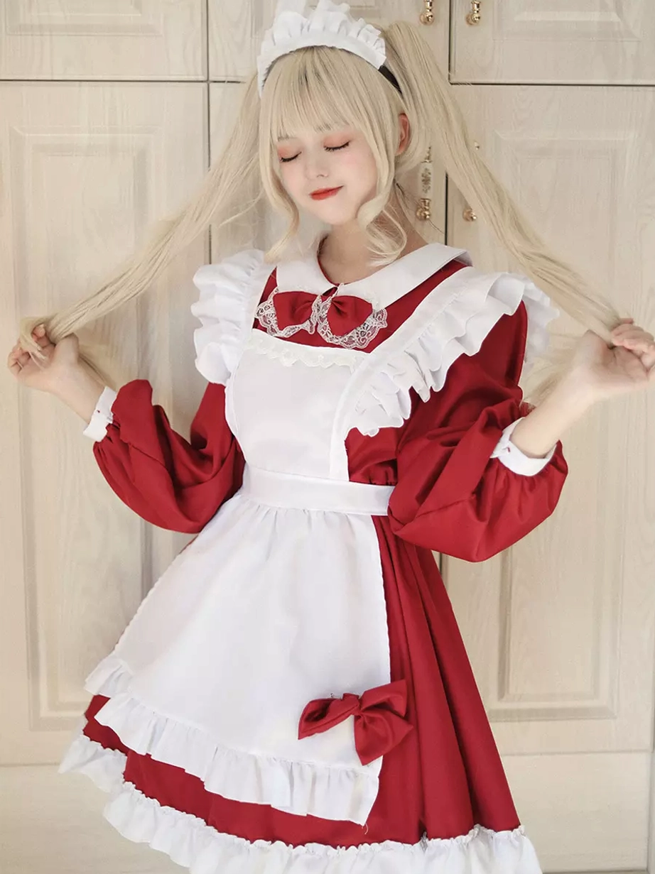 Maid lolita mini dress full body front view showing complete silhouette ruffles and bow details