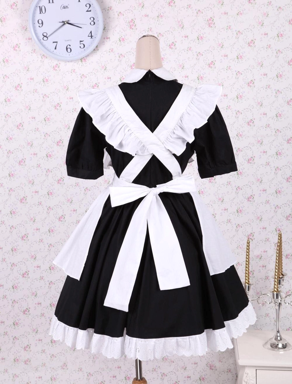 Back full-body view maid lolita OP dress with cross-back ruffled apron large white bow lace hem