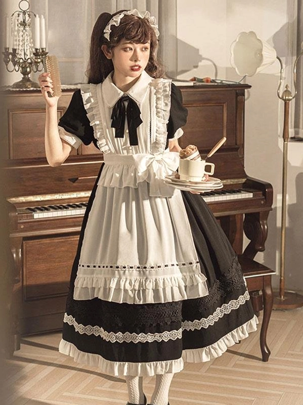 Classic maid lolita op dress black white two-piece set full front body view vintage piano room aesthetic with twin-tails