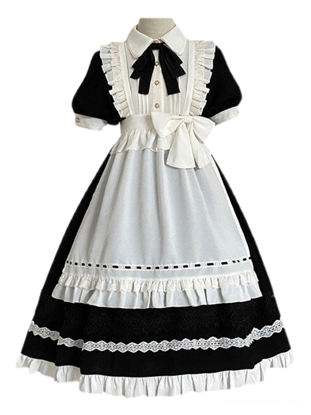 Maid lolita op dress on mannequin front studio view grey-black color scheme lace trims bow decorations two-piece design