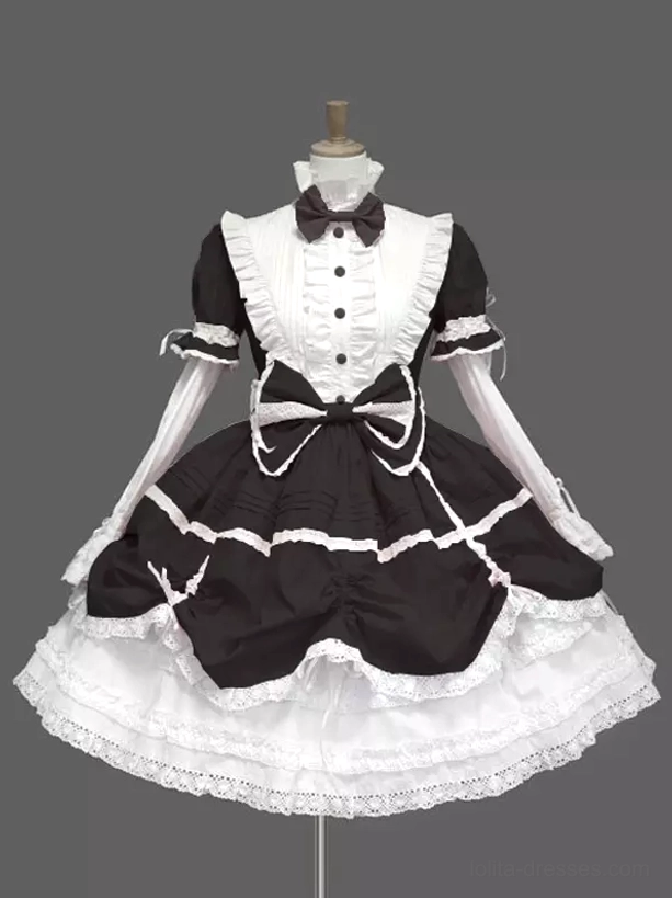 Maid-style Lolita dress front view black white color bow necktie front waist bow layered lace skirt