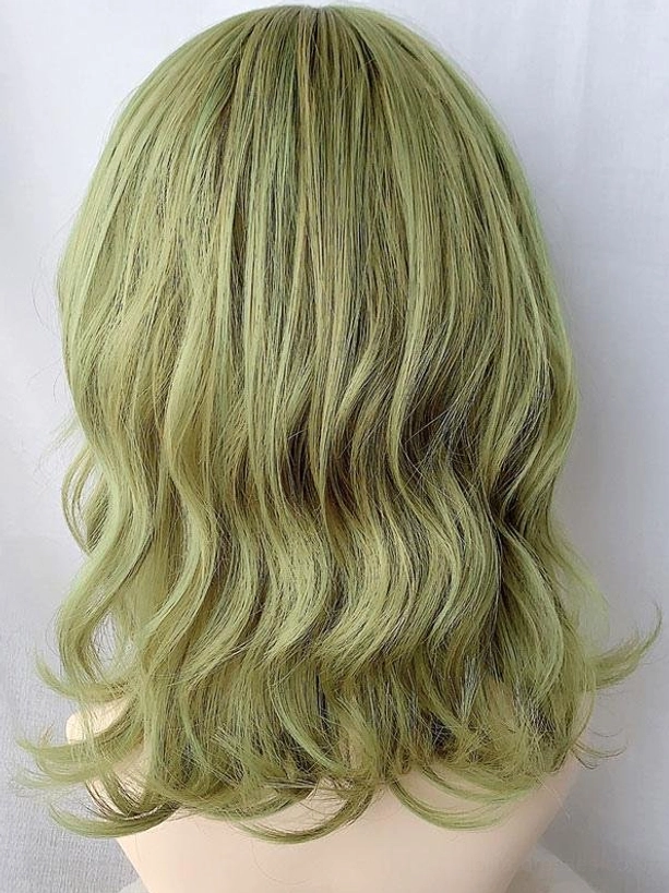 Matcha green short lolita wig back view on white background showing full wavy texture and shoulder-length construction