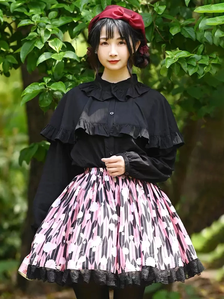 Matching lolita blouse and skirt full front view model with red beret hand on shoulder pink black floral print
