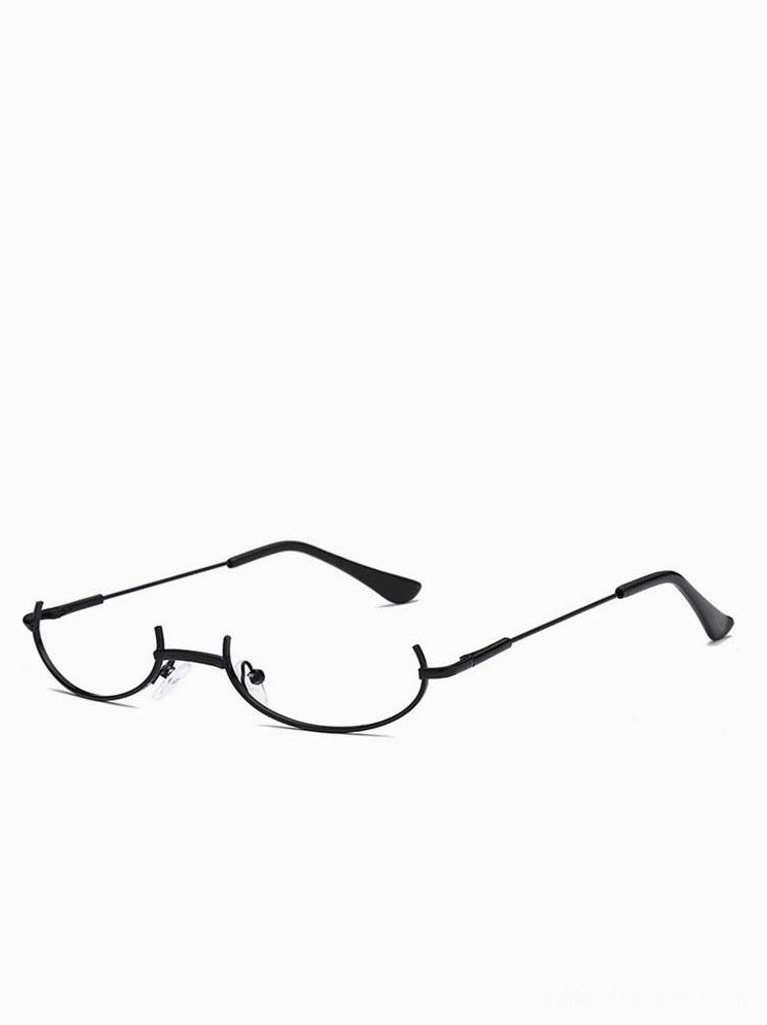 Matte black half-frame glasses with decorative beaded chain accessory displayed in side profile flat lay view on white background, showing elegant minimalist design and chain details
