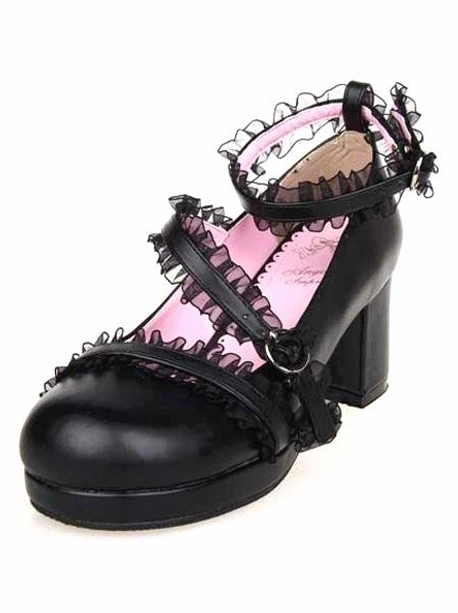 Single matte black Lolita chunky heel shoe side-front close-up view, showcasing platform sole, thick block heel, complete lace trims on all straps, and buckle closure detail