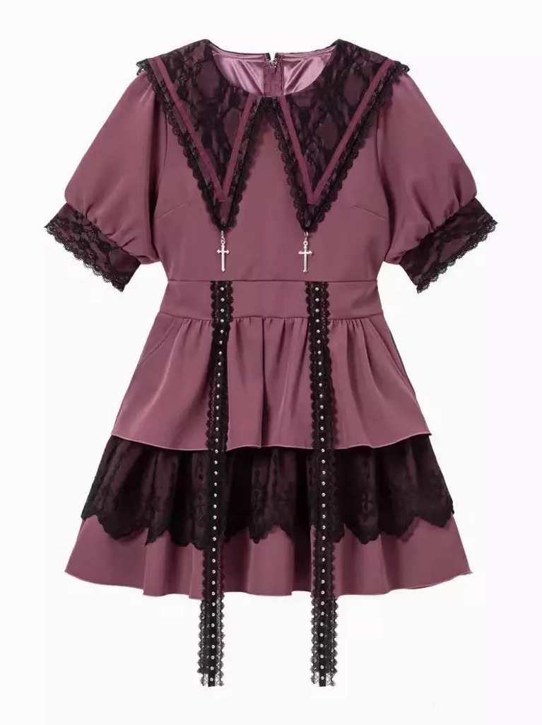 Mauve purple and black gothic lolita sailor dress product display showing lace trimmed sailor collar and tassel trim embellishments on white background