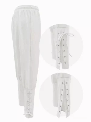 Vintage mens lace-up pants side angle view white color buttoned ankle design detail shot gothic fashion