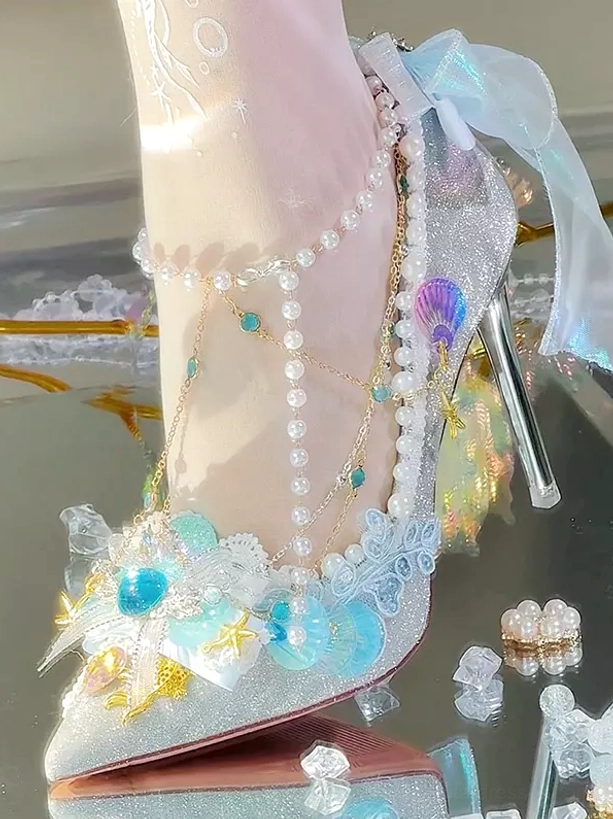 Mermaid Lolita stiletto pumps rear side view model ocean patterned stockings tulle heel bow pearl ankle chain mirror reflective surface