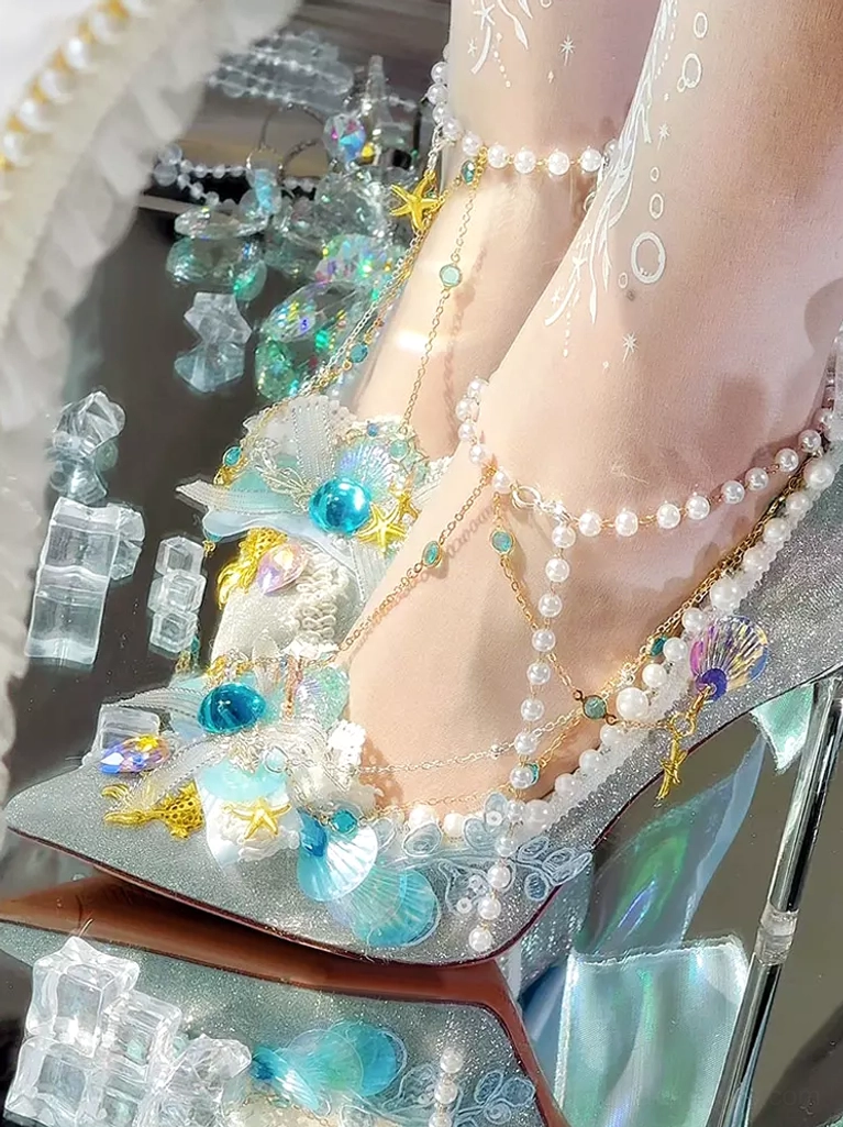 Mermaid Lolita stiletto pumps side front view both feet ocean patterned stockings multi-layer pearl ankle chains comprehensive ocean embellishments