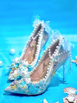 Mermaid Lolita pointed stiletto pumps light blue glitter with pearl trim seashell starfish crystal embellishments tulle heel bow ocean aesthetic