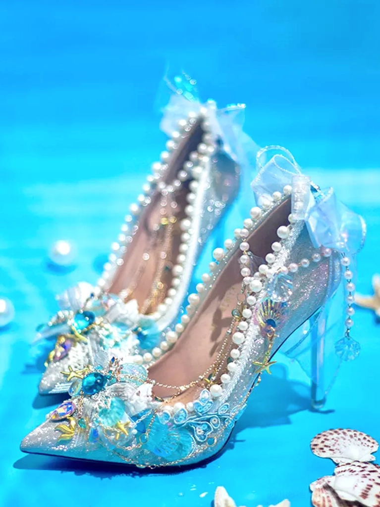 Mermaid Lolita pointed stiletto pumps light blue glitter with pearl trim seashell starfish crystal embellishments tulle heel bow ocean aesthetic