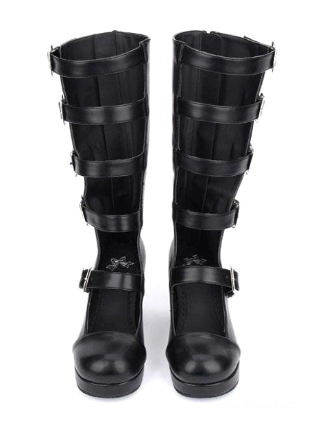 Mid-calf punk lolita platform boots in black matte leather with cross metal trims and adjustable buckles, frontal paired display showing boot details