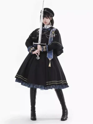 Military Academy Lolita dress front view black plaid ouji style with golden metal details blue ruffled hem white lace collar blue bow full-length silhouette model wearing