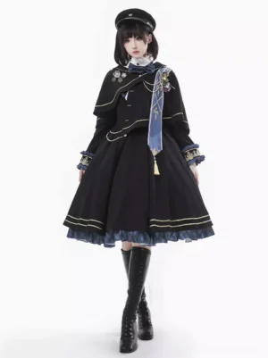 Military Academy Lolita dress front view with military cap knee-high boots black plaid ouji style golden trims blue ruffled hem complete ensemble styling