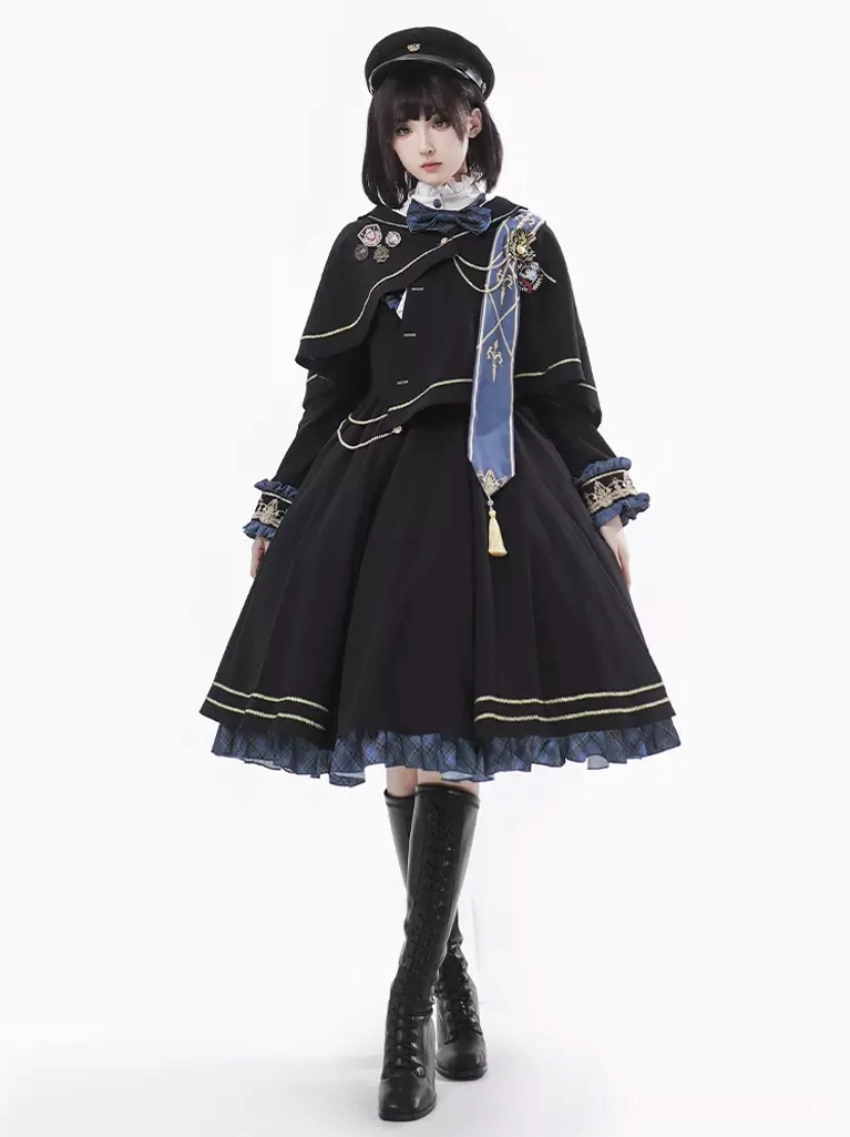 Military Academy Lolita dress front view with military cap knee-high boots black plaid ouji style golden trims blue ruffled hem complete ensemble styling