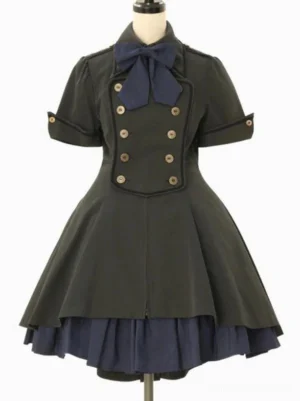 Military classic Lolita dress short sleeves full front view dark green navy bow double-breasted buttons structured silhouette