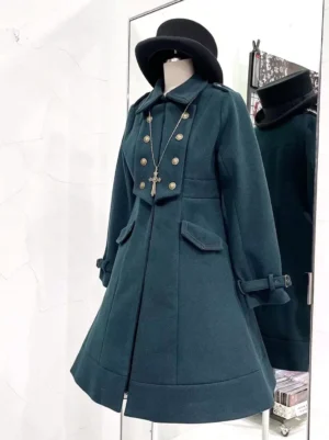 military gothic lolita coat dark green front three quarter view double breasted gold buttons flared hem