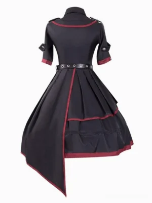 Military gothic lolita one-piece dress back view asymmetric hem leather waist belt red trim