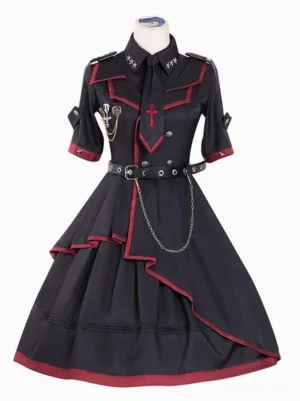 Military gothic lolita op dress black with asymmetric ruffled skirt chains rivets front view mannequin