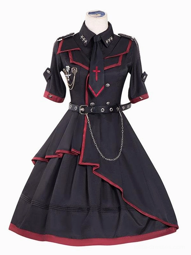 Military gothic lolita op dress black with asymmetric ruffled skirt chains rivets front view mannequin