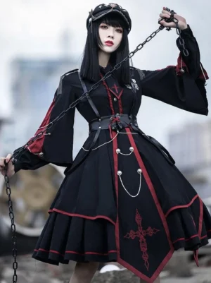 Military Gothic Lolita OP dress full front view black with red accents epaulets cross embroidery metal chains