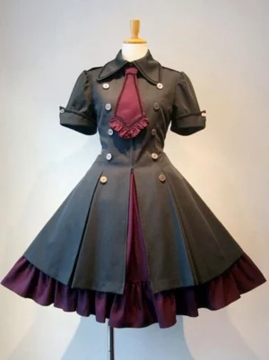 Military Gothic Lolita one-piece dress front view featuring double-breasted metal buttons, charcoal gray and burgundy two-tone design, puff sleeves with ruffled necktie on dress form