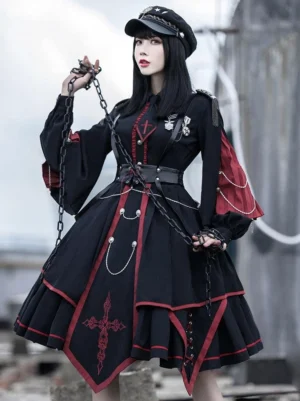 Military Gothic Lolita dress three quarter angle side view leather corset waistband red lace-up metal buttons