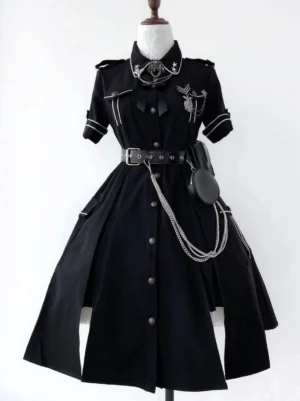 Military style black short-sleeve Lolita dress front full view on mannequin with silver military trims belt and chain crossbody pouch tactical aesthetic