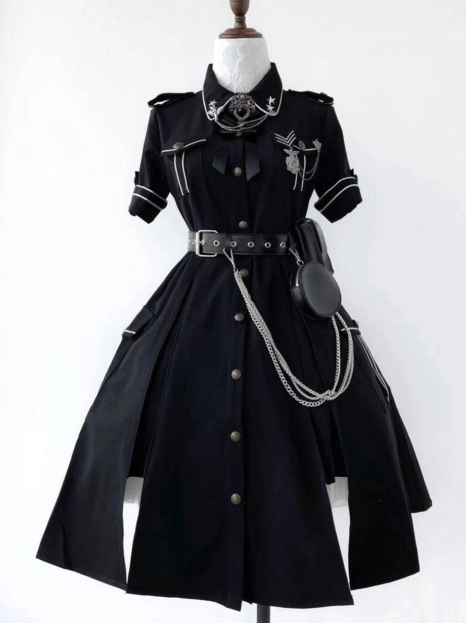 Military style black short-sleeve Lolita dress front full view on mannequin with silver military trims belt and chain crossbody pouch tactical aesthetic