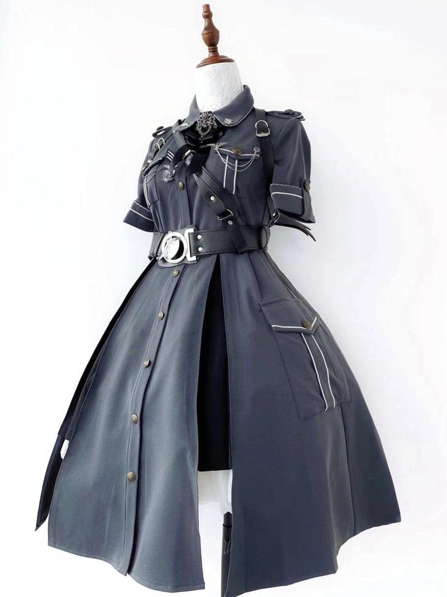 Gray-black military short-sleeve Lolita dress front full view mannequin large silver belt buckle split front skirt military insignias